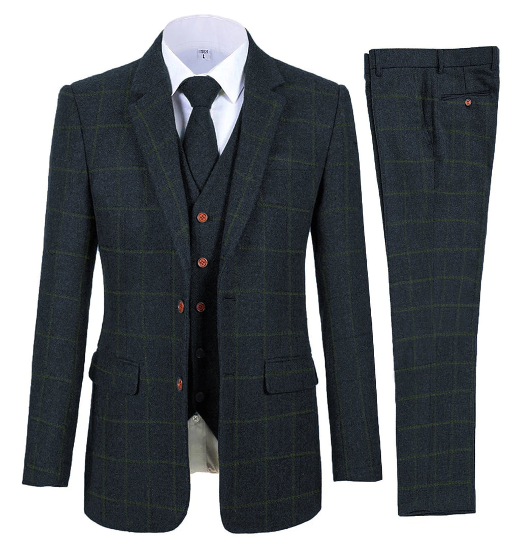 Men's 3 Piece Suits Business Formal Notch Lapel Groomsmen Woolen Plaid Tuxedos