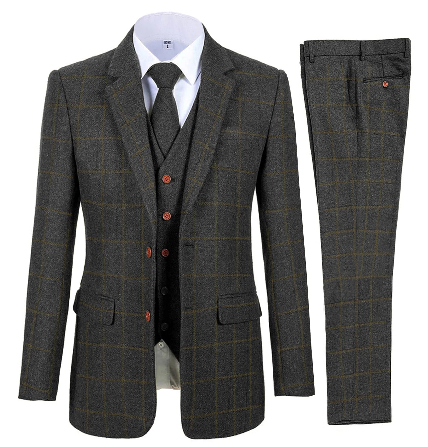 Men's 3 Piece Suits Business Formal Notch Lapel Groomsmen Woolen Plaid Tuxedos