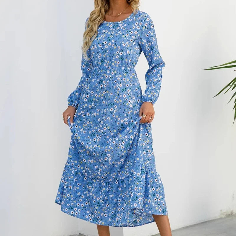 Floral Print Round Neck Long Sleeved Dress For Women Spring Autumn Fashionable Bohemian Big Swing Dress
