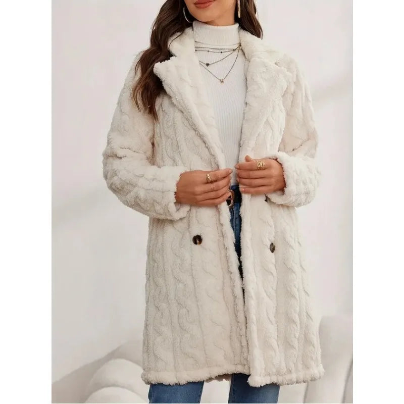 Women's Plush Coat Comfortable Casual Warm Suit Collar Double-breasted Mid-length Coat