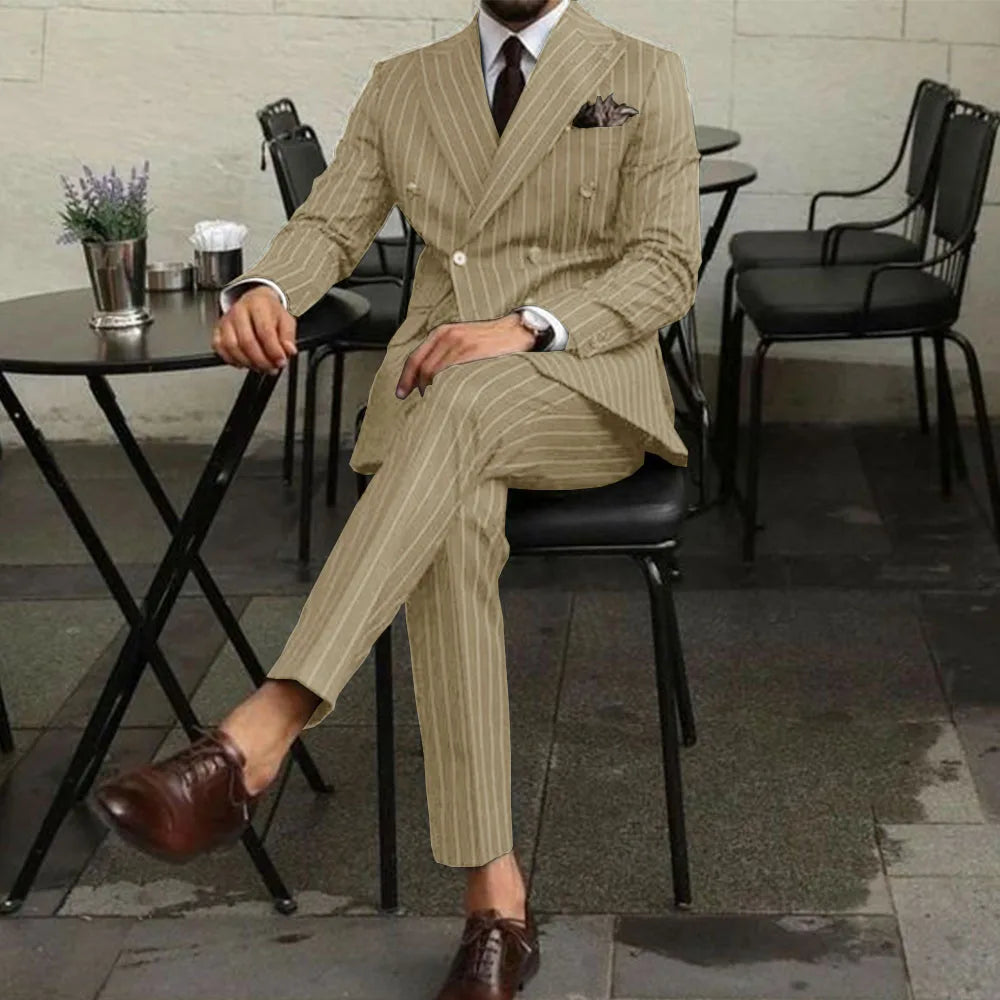 Men Suits Two Piece Suit Double Breasted Man Fashionable and Slim-fitting Design Groom Wedding Dress Casual Striped Fabric