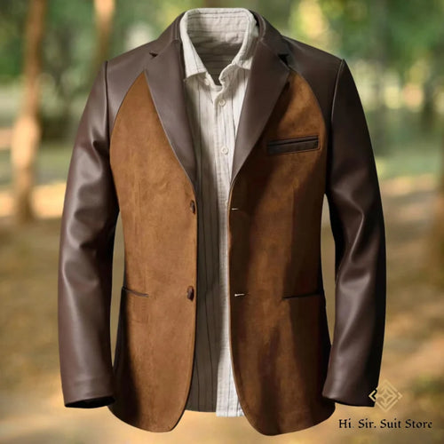 Classic Men's Suit Coat PU Splicing Notched Lapel Tuxedos Peaked Breasted Groom Wear Blazer Designer