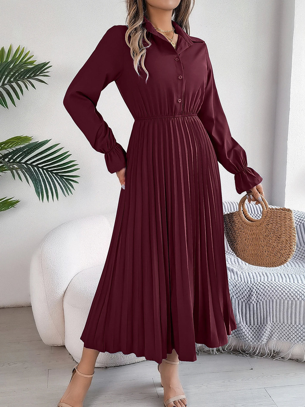 Long Dress for Women Casual Solid Color Polo Neck Button Flare Long Sleeve pleated Dress