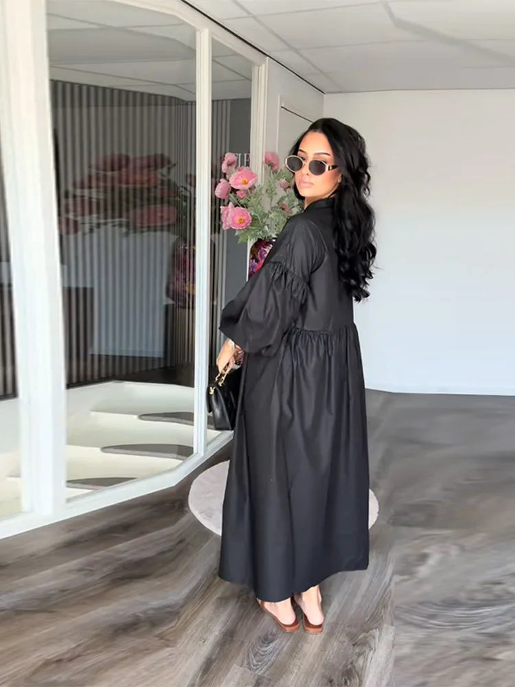 Casual Long Dress Women Solid Loose Neck Full Lantern Sleeve High Waist Robe Spring Fashion Dresses Lady