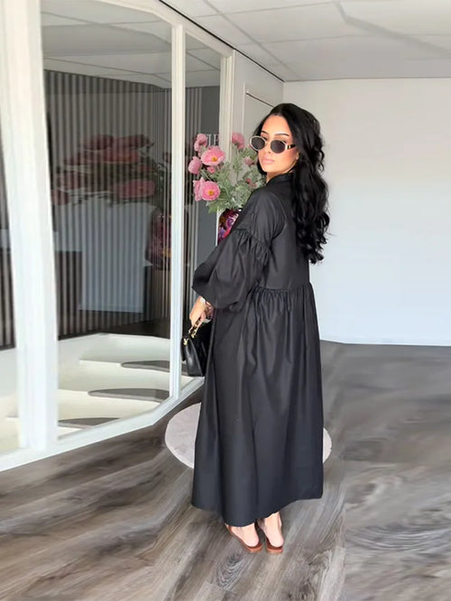 Casual Long Dress Women Solid Loose Neck Full Lantern Sleeve High Waist Robe Spring Fashion Dresses Lady