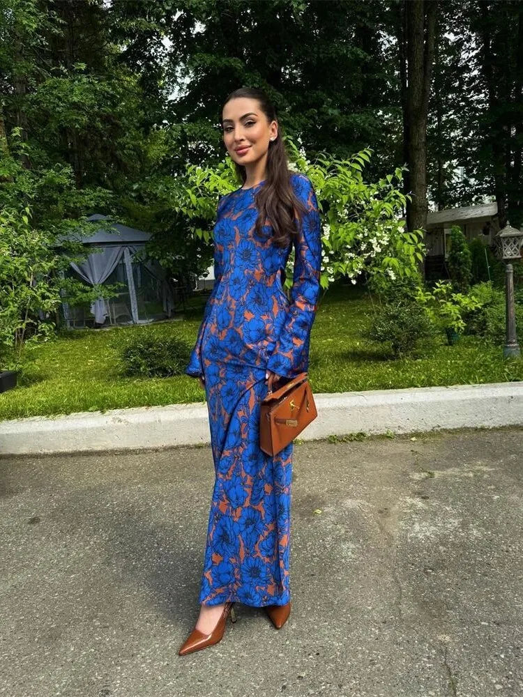 Fashionable Vintage Print Long Sleeve Round Neck Dress Women Elegant Atmosphere Long Dresses Casual