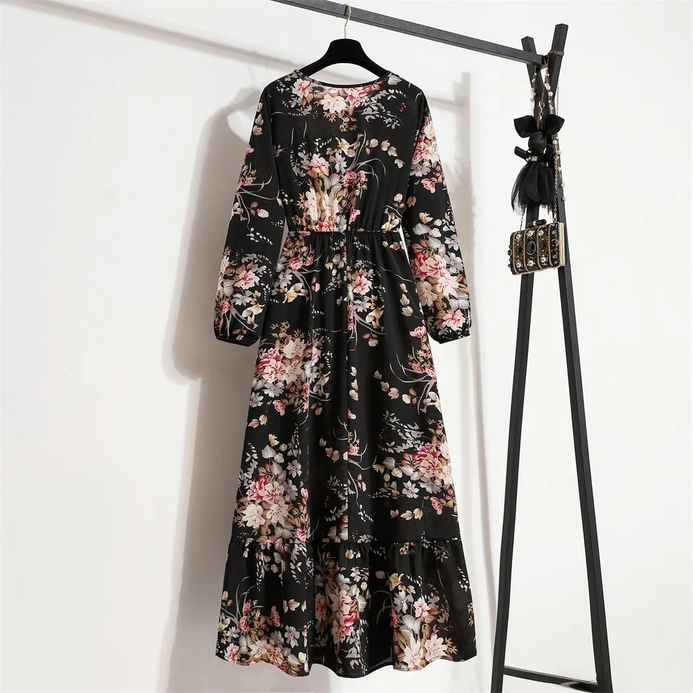 Floral Print Round Neck Long Sleeved Dress For Women Spring Autumn Fashionable Bohemian Big Swing Dress