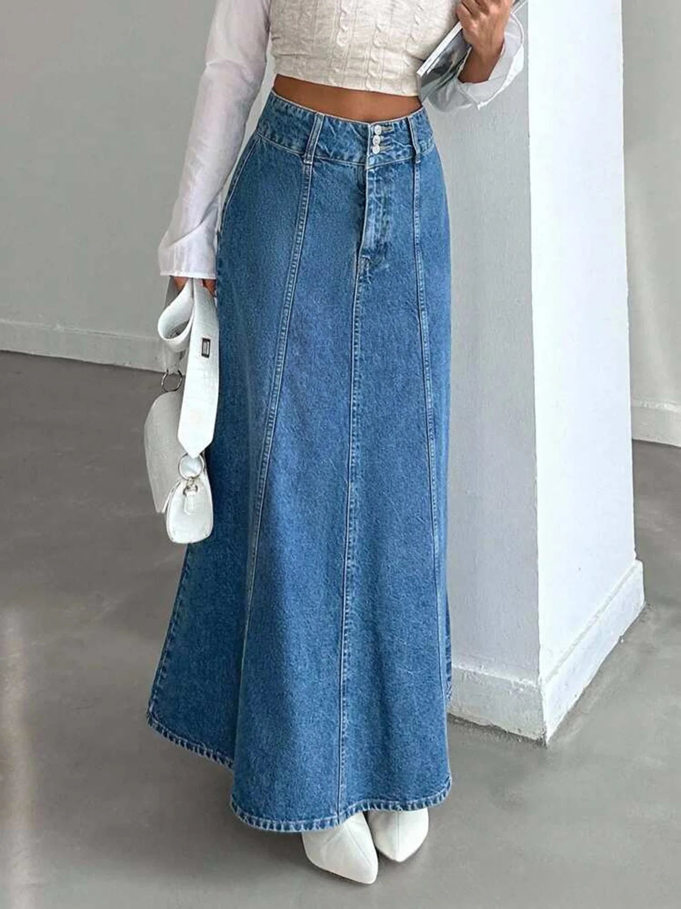 Women's long denim midi skirt for spring and autumn seasons Suitable for various occasions- daily church wear