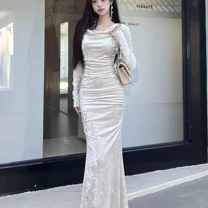 French Style Long-sleeved Dress for Women with New Slim Pleated Hips and Long Fishtail