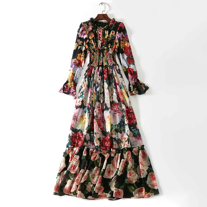 Ladies Elegant Floral Print Long Sleeve Dress Summer Chiffon Ruffled Collar Dress Elegant Elasticity Waist A-Line Sundress