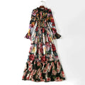 Ladies Elegant Floral Print Long Sleeve Dress Summer Chiffon Ruffled Collar Dress Elegant Elasticity Waist A-Line Sundress