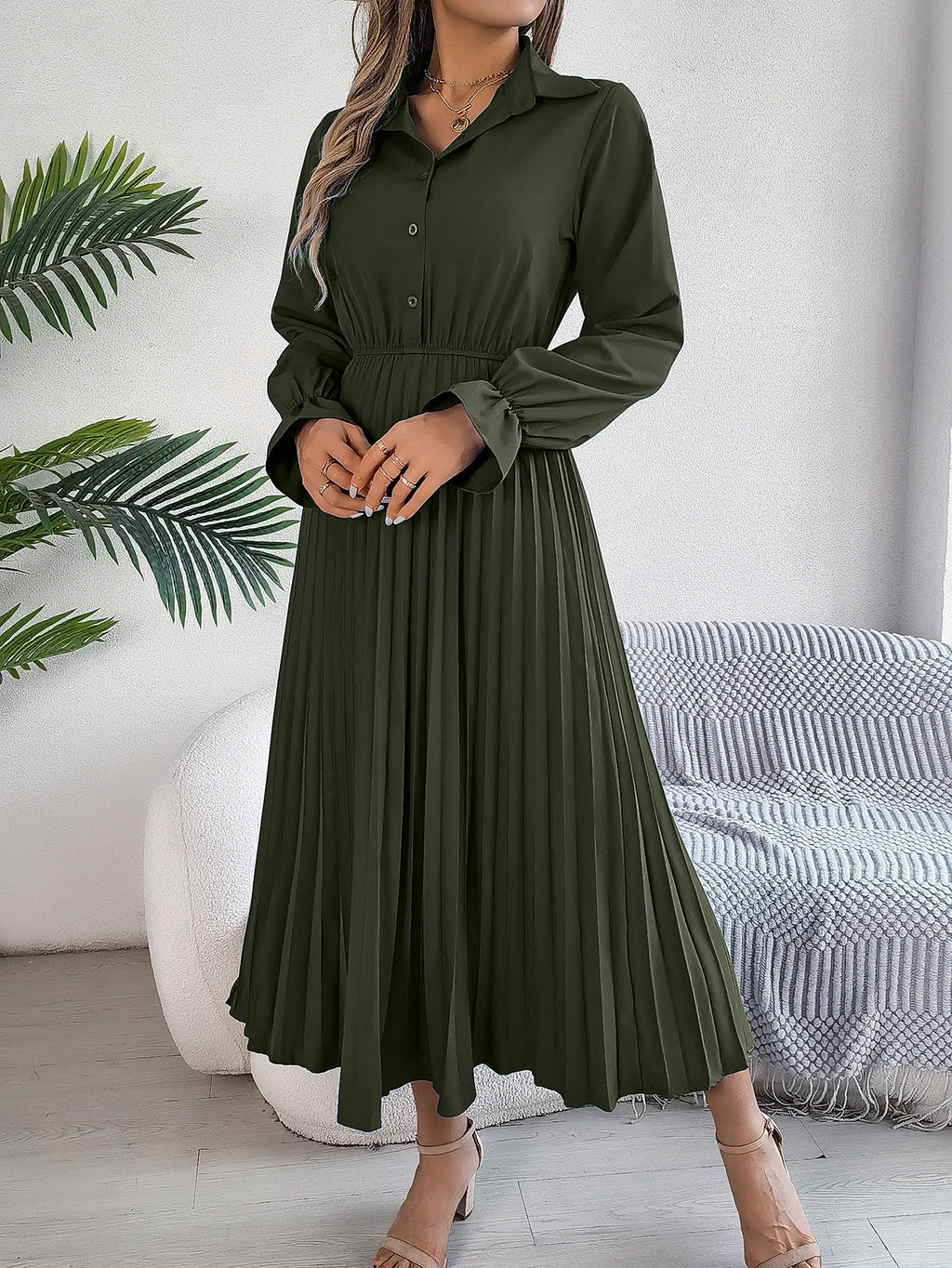 Long Dress for Women Casual Solid Color Polo Neck Button Flare Long Sleeve pleated Dress