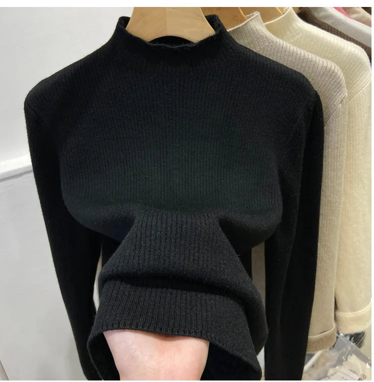 Turtleneck Winter Sweater Women Elegant Thick Velvet Lined Warm Knitted Pullover Slim Tops Jersey Knitwear