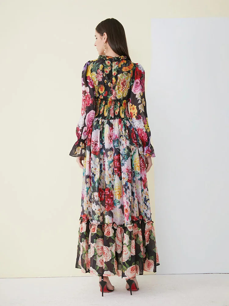 Ladies Elegant Floral Print Long Sleeve Dress Summer Chiffon Ruffled Collar Dress Elegant Elasticity Waist A-Line Sundress