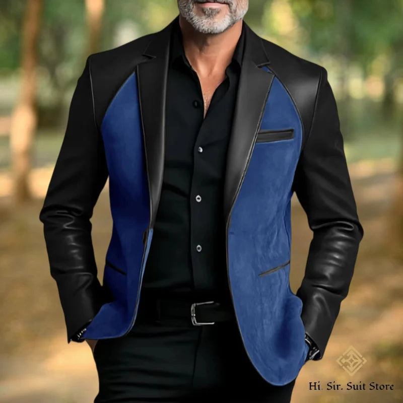 Classic Men's Suit Coat PU Splicing Notched Lapel Tuxedos Peaked Breasted Groom Wear Blazer Designer