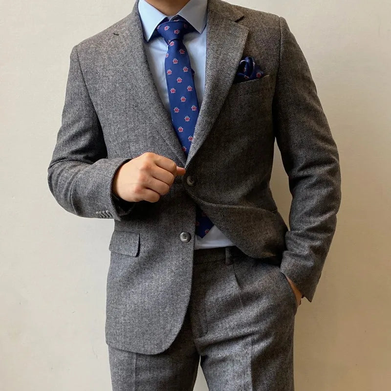 Plus-Size Men's New Suit Set with Herringbone Pattern, High-End, Mature Style, Business Commuting, Versatile, Slimming, Casual Suit Three-Piece Set
