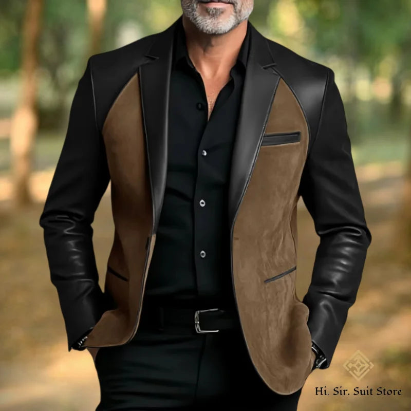 Classic Men's Suit Coat PU Splicing Notched Lapel Tuxedos Peaked Breasted Groom Wear Blazer Designer