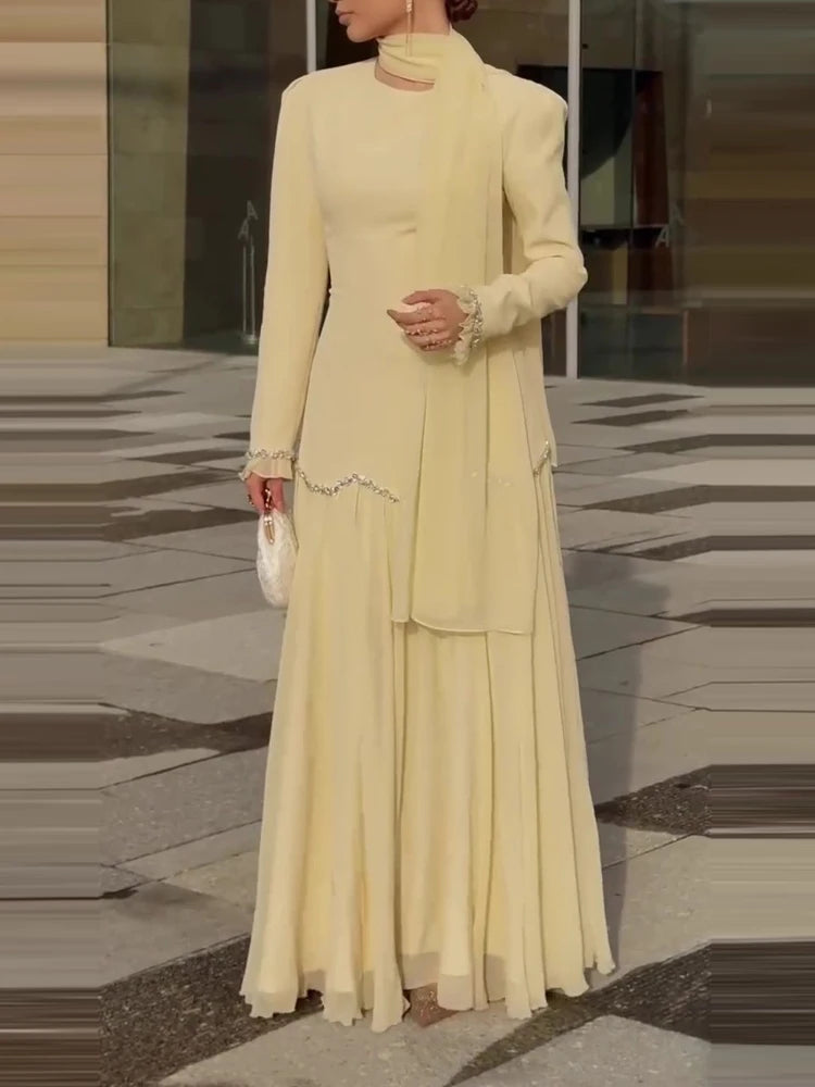 Temperament Lady Long Sleeve Dresses Casual Solid Flowing Chiffon Maxi Dresses Elegant Ribbon Slim Evening Dress