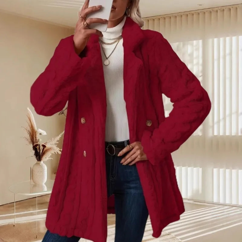 Women's Plush Coat Comfortable Casual Warm Suit Collar Double-breasted Mid-length Coat