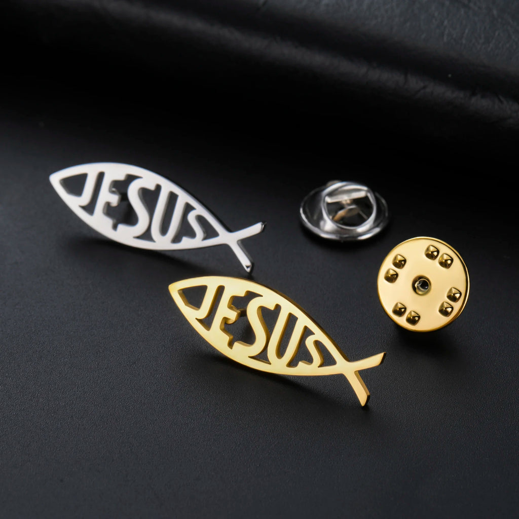 Stainless Steel Jesus Fish Lapel Pins Brooches for Women Men Christian Jewelry Suit Collar Badges Metal Pins