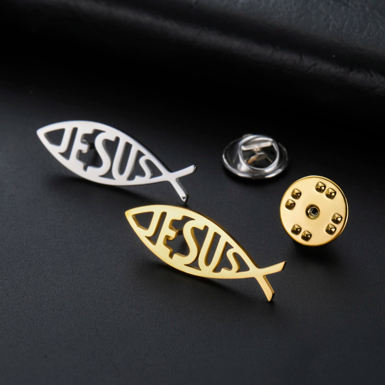 Stainless Steel Jesus Fish Lapel Pins Brooches for Women Men Christian Jewelry Suit Collar Badges Metal Pins