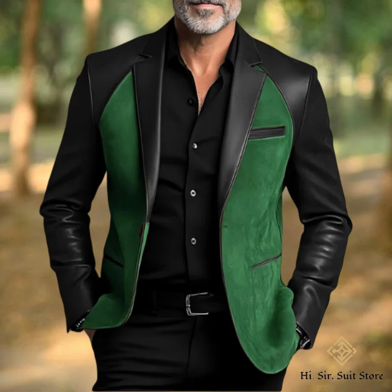 Classic Men's Suit Coat PU Splicing Notched Lapel Tuxedos Peaked Breasted Groom Wear Blazer Designer