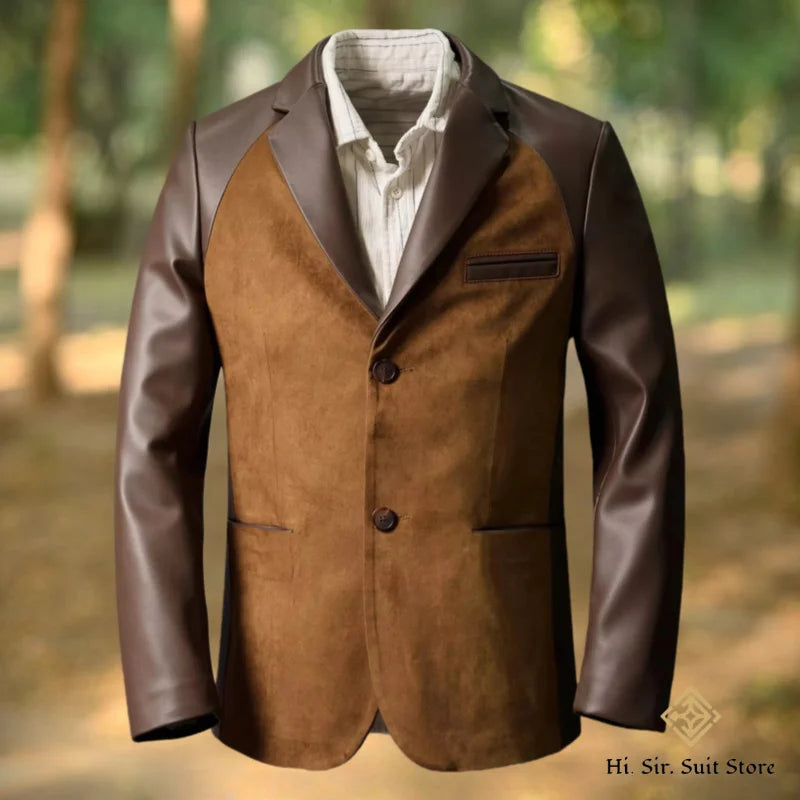 Classic Men's Suit Coat PU Splicing Notched Lapel Tuxedos Peaked Breasted Groom Wear Blazer Designer