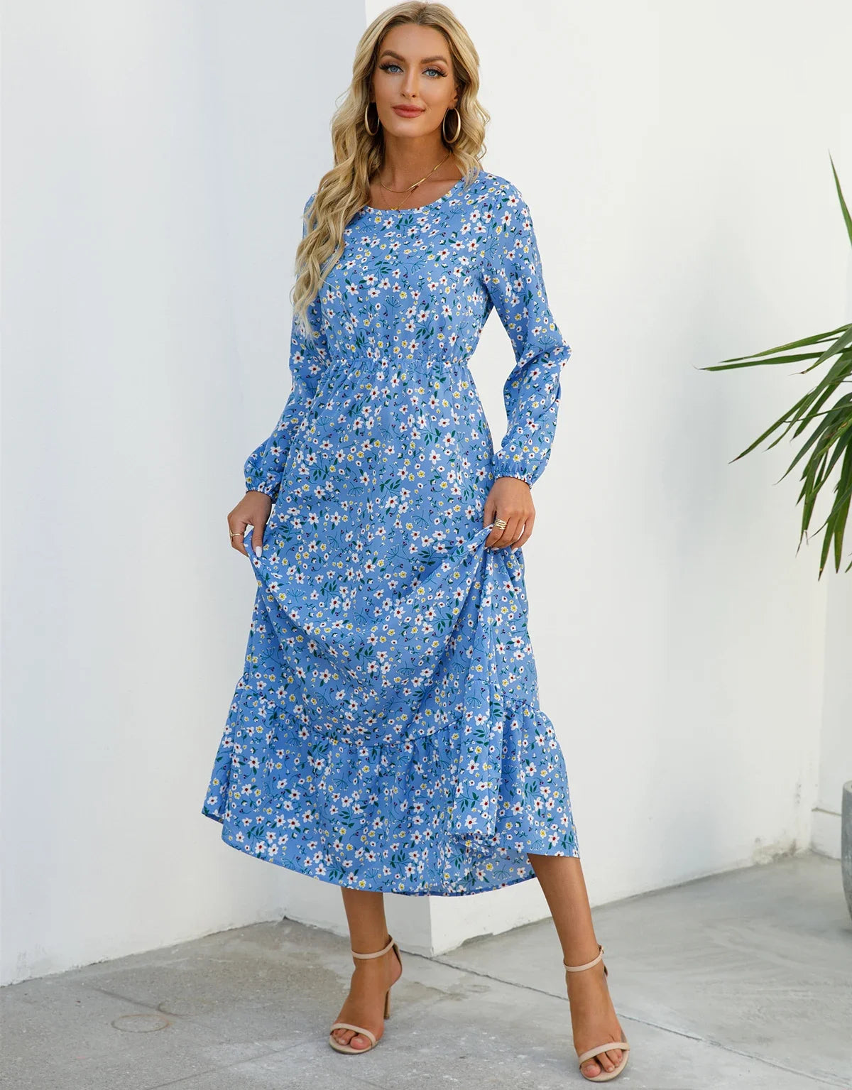 Floral Print Round Neck Long Sleeved Dress For Women Spring Autumn Fashionable Bohemian Big Swing Dress