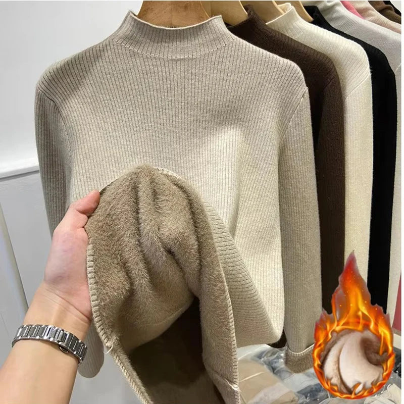 Turtleneck Winter Sweater Women Elegant Thick Velvet Lined Warm Knitted Pullover Slim Tops Jersey Knitwear