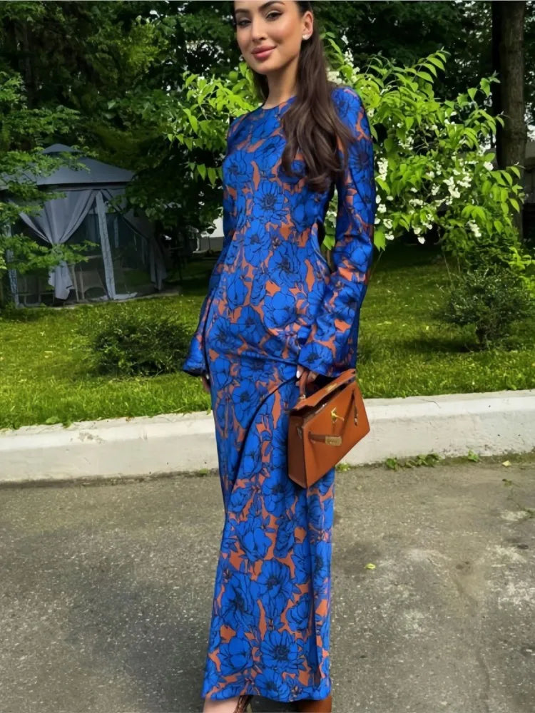 Fashionable Vintage Print Long Sleeve Round Neck Dress Women Elegant Atmosphere Long Dresses Casual