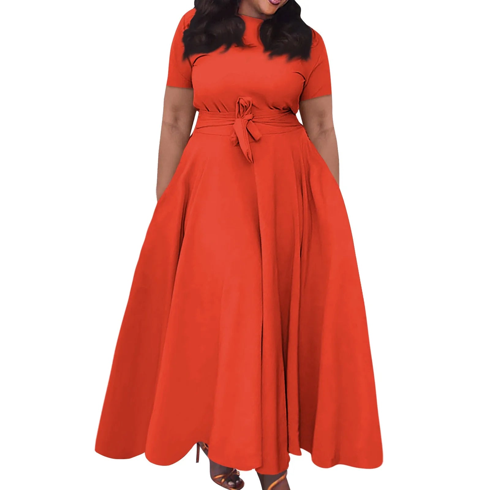 dress for women Casual Fashion Large Size long dresses Solid Color Round Neck dress Short Sleeve Pocket Straps Swing