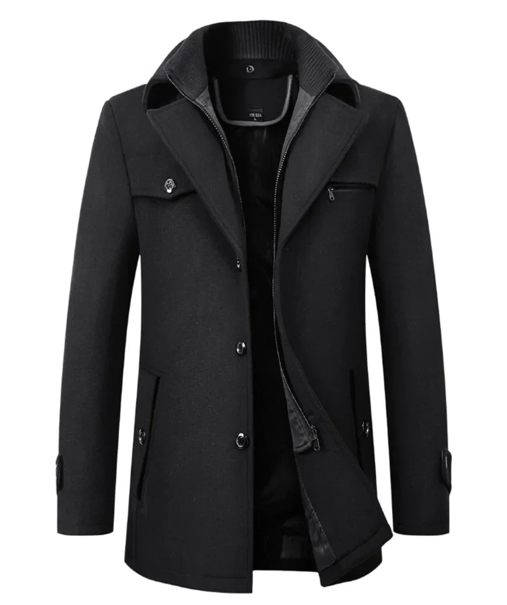 Men's Pea Coat Autumn and Winter Woolen Double Collar Overcoat Menswear Trench Coat