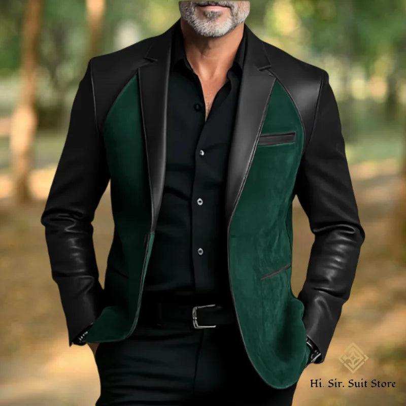 Classic Men's Suit Coat PU Splicing Notched Lapel Tuxedos Peaked Breasted Groom Wear Blazer Designer