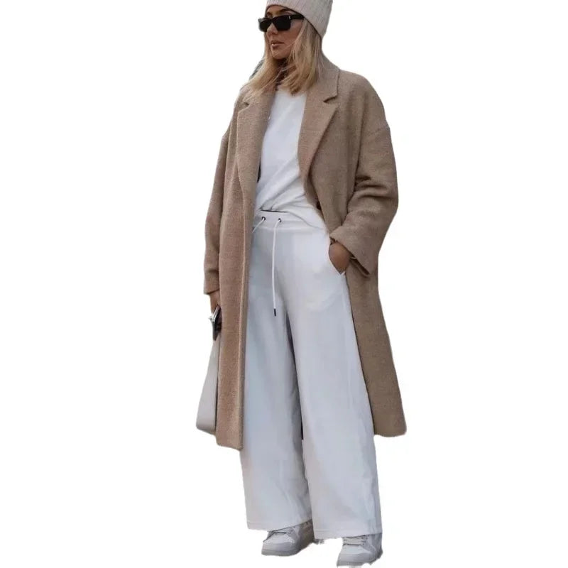 Women's Knee-High Coat with Plush Buckle, Long-Sleeved Lapel, Warm, Autumn and Winter