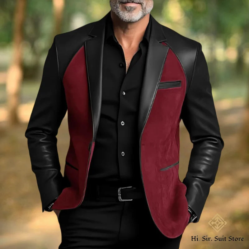 Classic Men's Suit Coat PU Splicing Notched Lapel Tuxedos Peaked Breasted Groom Wear Blazer Designer