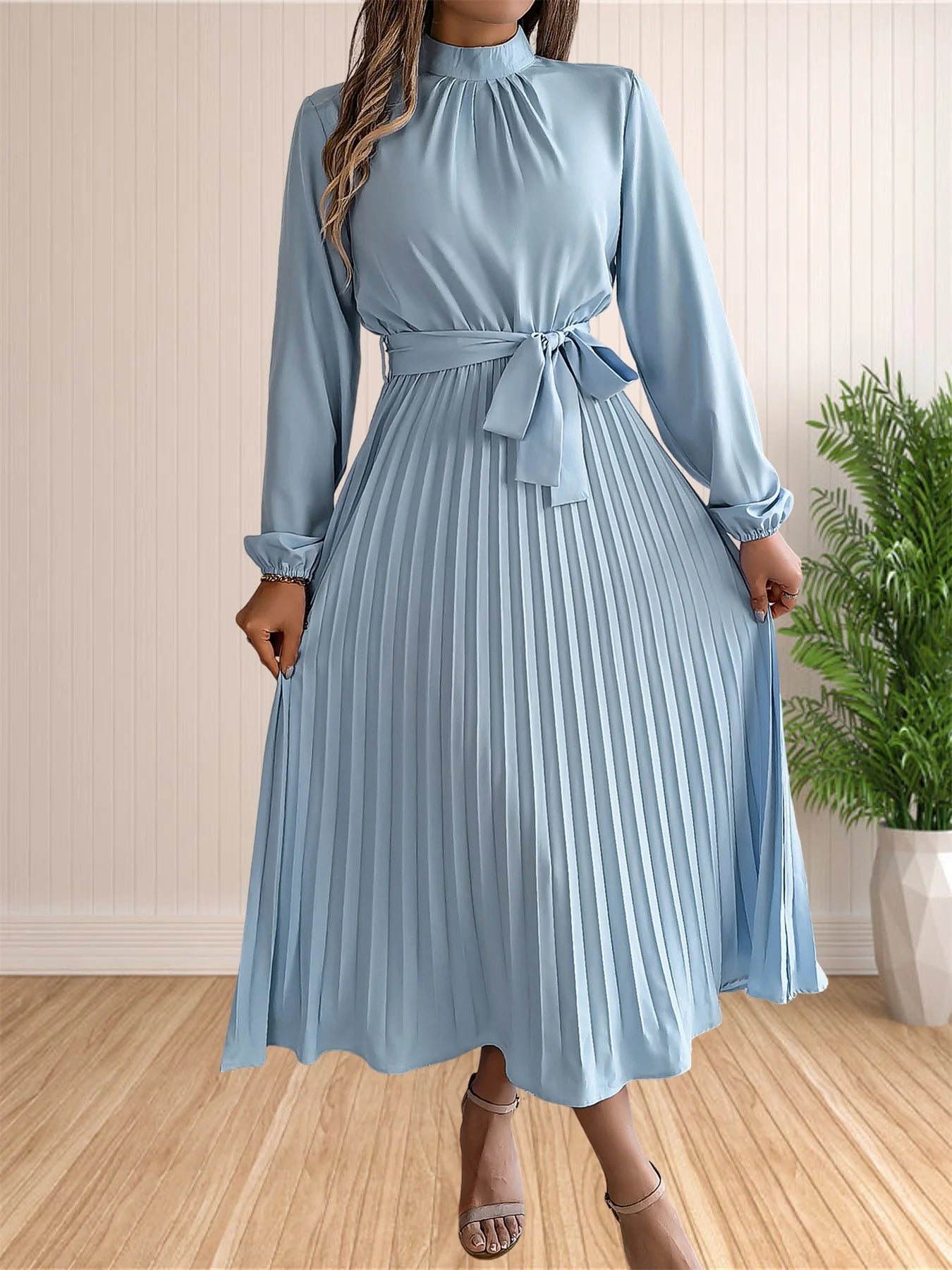 Women's Long Dresses Summer Elegant Pleated Long Sleeveed Lace Up Dresses Boho Wrap Ruffle Hem Swing Sundress