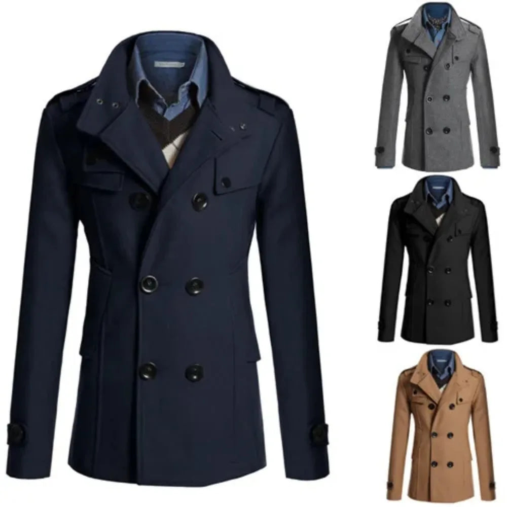 Men's Woolen Overcoat for Autumn and Winter. Korean Style Men's Clothing, Fashionable Slim-fit Double-breasted Mid-to-long Coat.