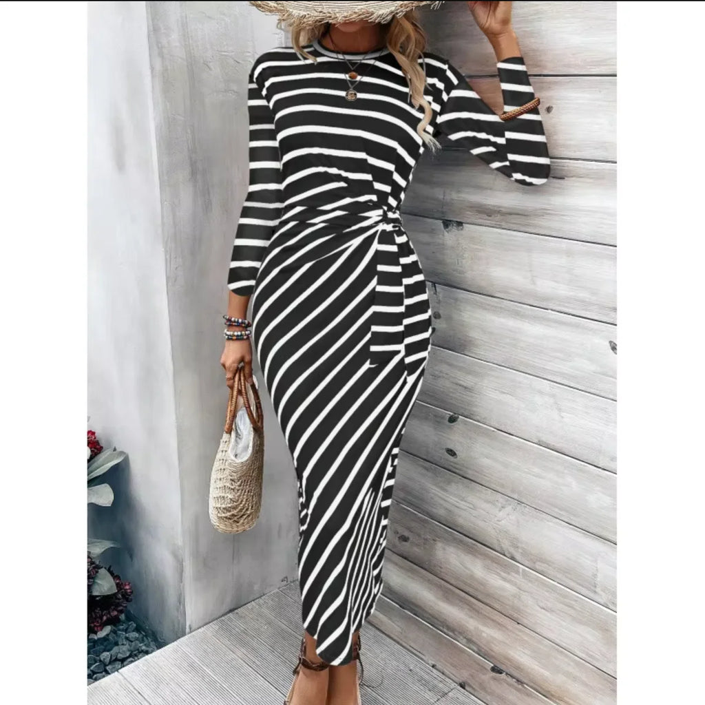 European American Women's Dress - Print Stripe Crew Neck Lace-up Tunic Dress Flattering Loose Fit