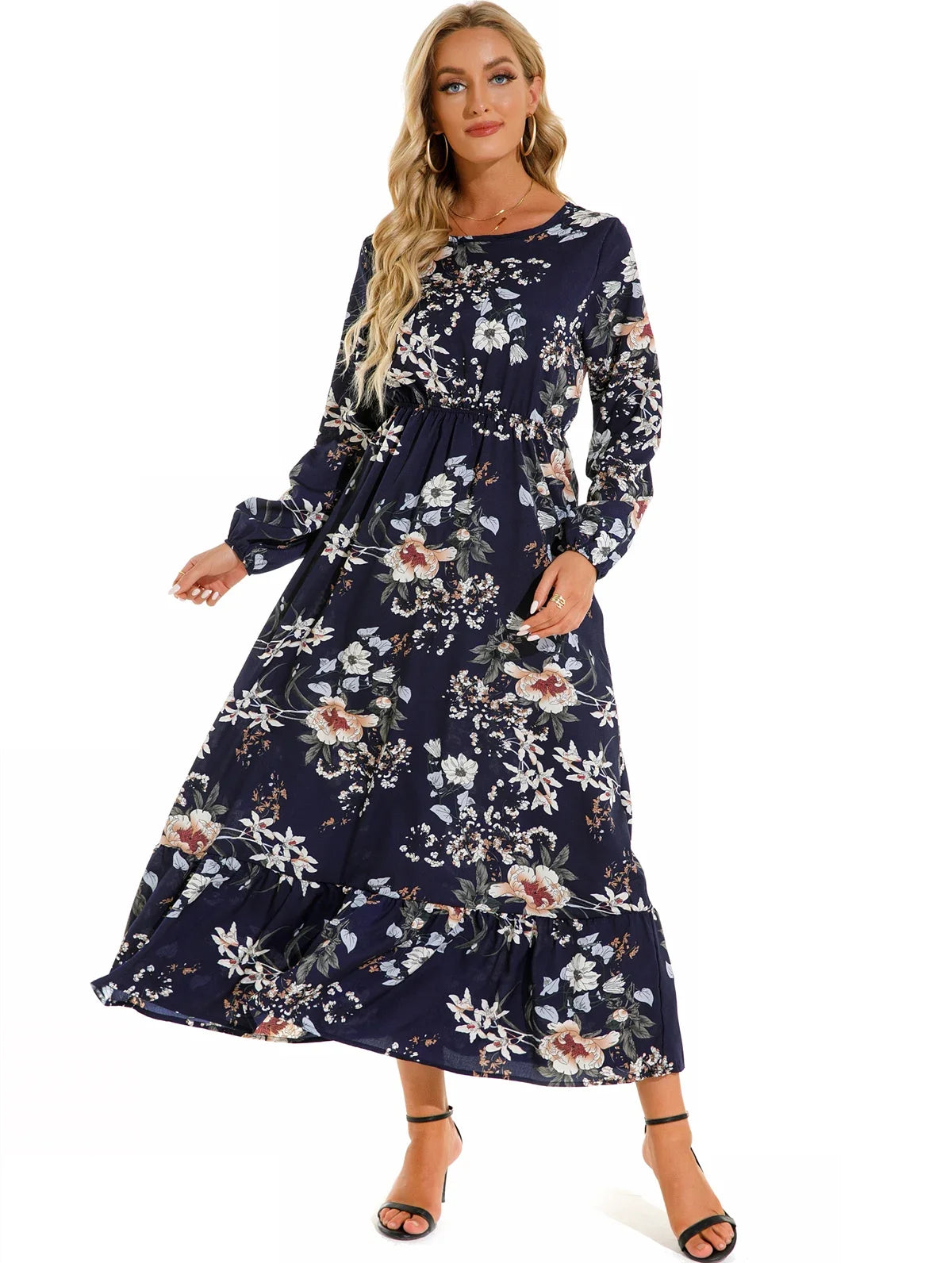 Floral Print Round Neck Long Sleeved Dress For Women Spring Autumn Fashionable Bohemian Big Swing Dress