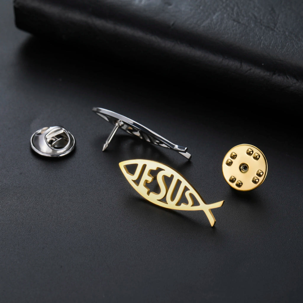 Stainless Steel Jesus Fish Lapel Pins Brooches for Women Men Christian Jewelry Suit Collar Badges Metal Pins