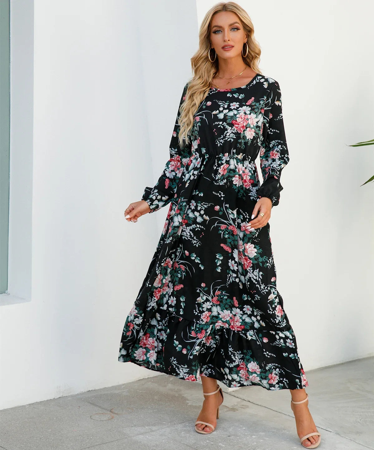 Floral Print Round Neck Long Sleeved Dress For Women Spring Autumn Fashionable Bohemian Big Swing Dress
