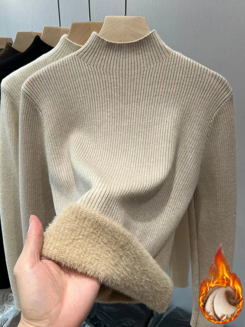 Turtleneck Winter Sweater Women Elegant Thick Velvet Lined Warm Knitted Pullover Slim Tops Jersey Knitwear