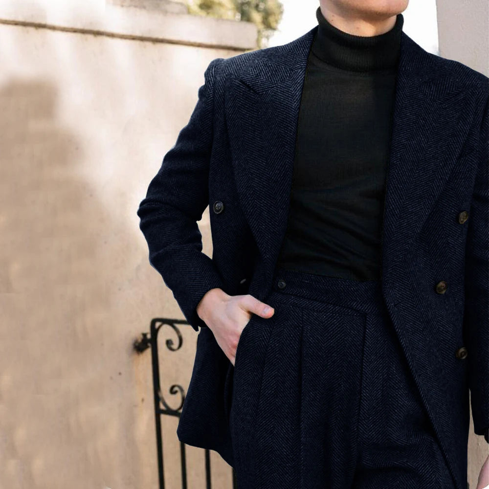 Men's Wedding Suit Herringbone Double Breasted Formal Men's Lapel Men's Suit 2 Piece Men's Full Suit Elegant Slim Fit