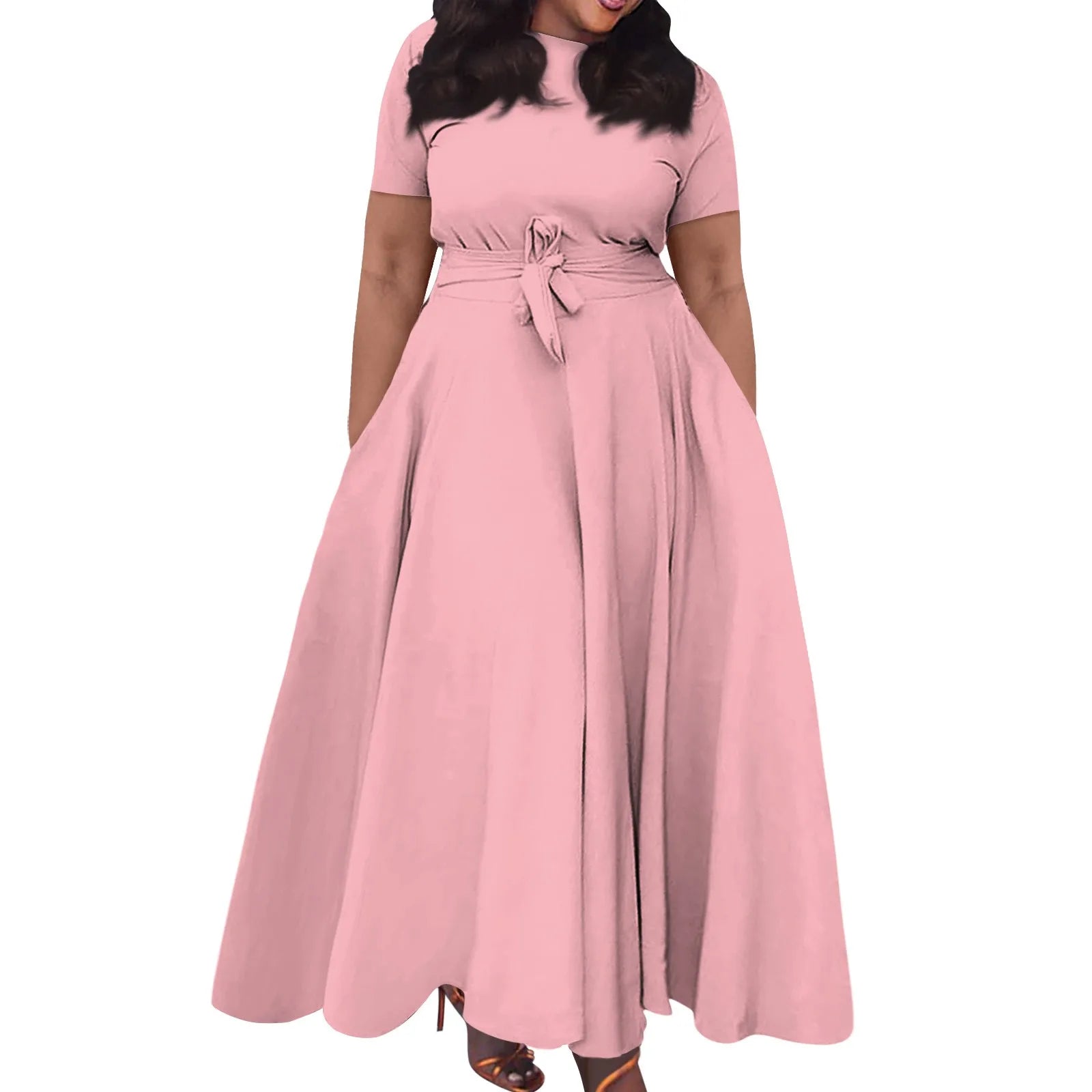 dress for women Casual Fashion Large Size long dresses Solid Color Round Neck dress Short Sleeve Pocket Straps Swing