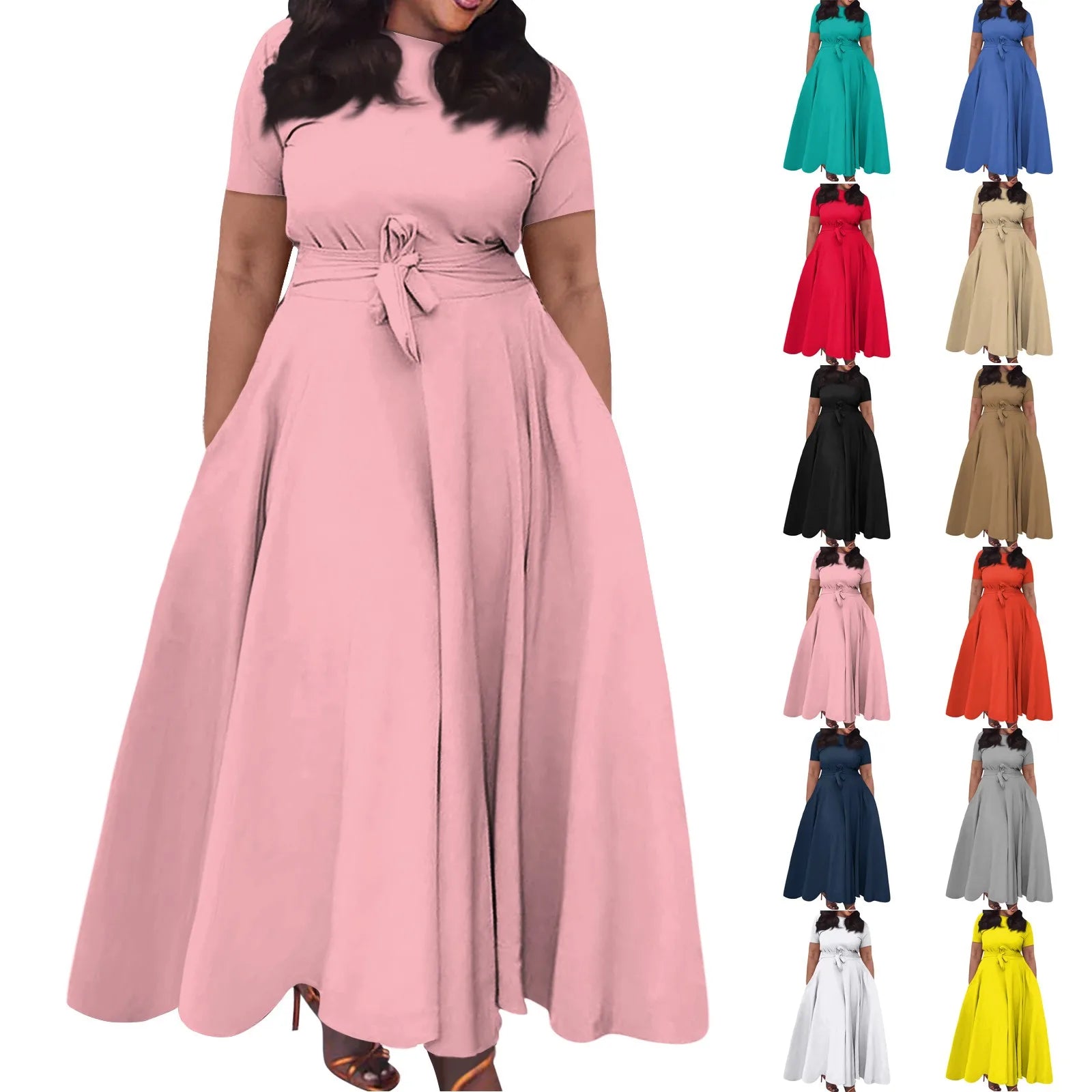 dress for women Casual Fashion Large Size long dresses Solid Color Round Neck dress Short Sleeve Pocket Straps Swing