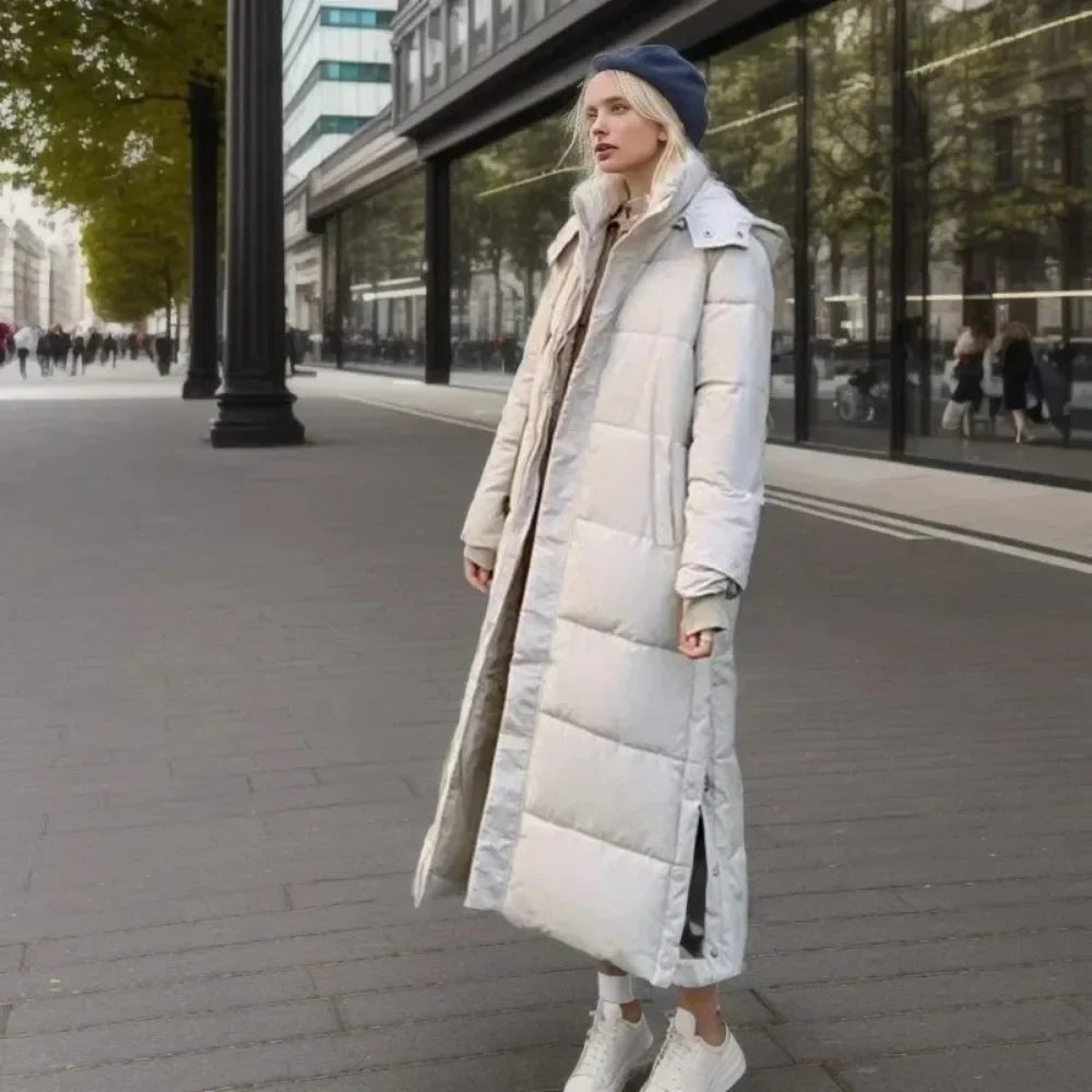 Cotton Coat Long Parka Jacket Women Thick Warm Coats Woven Block Trend Hooded White Down Parka