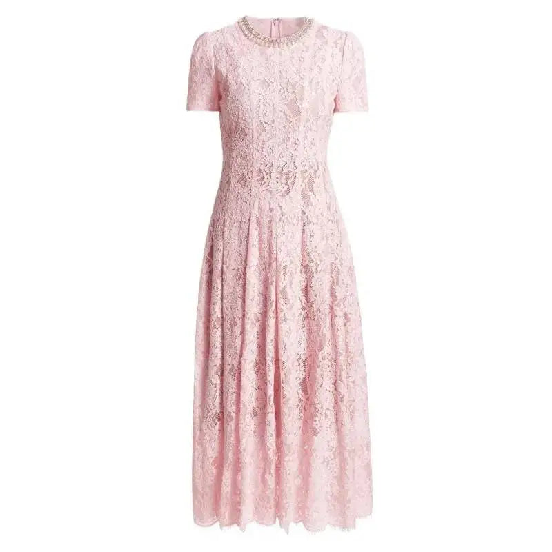 Luxury Pearl Lace Long Dress Formal Occasion Summer Women Midi Dresses Embroidered Ruffle Evening Party Wedding