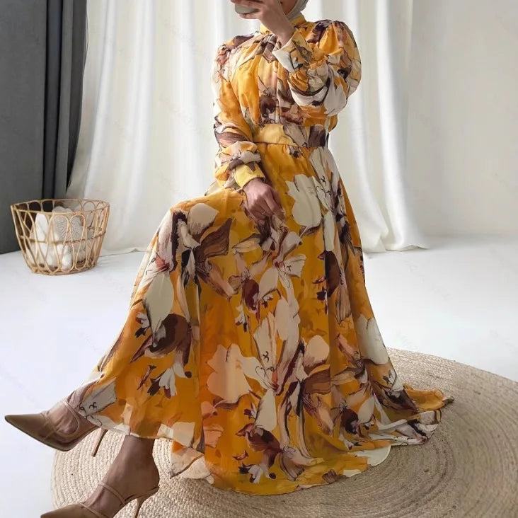 Long Dresses for Spring Women Yellow Chiffon Printed Elegant Clothing