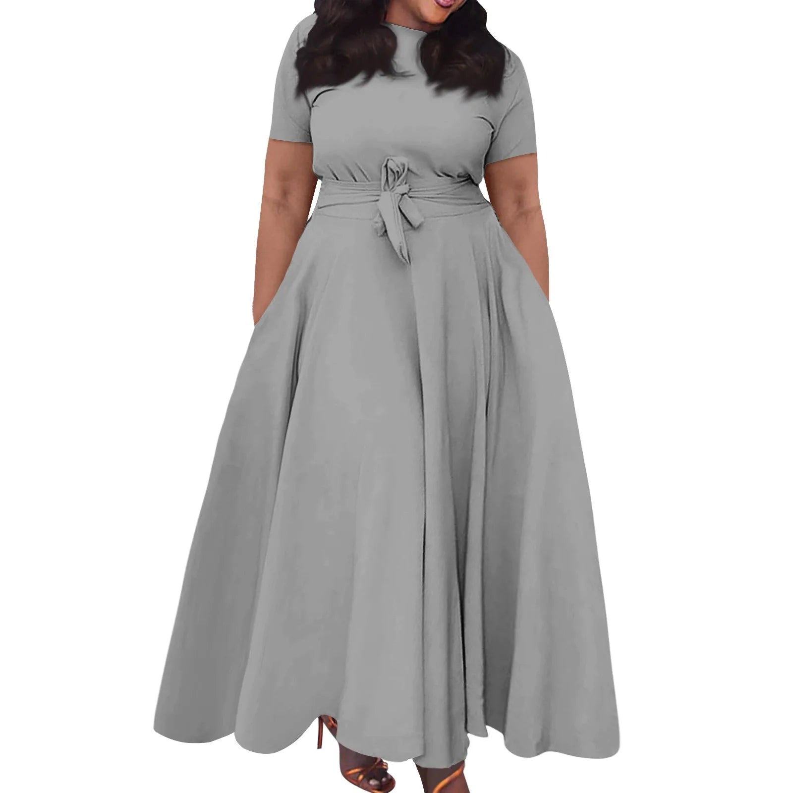 dress for women Casual Fashion Large Size long dresses Solid Color Round Neck dress Short Sleeve Pocket Straps Swing