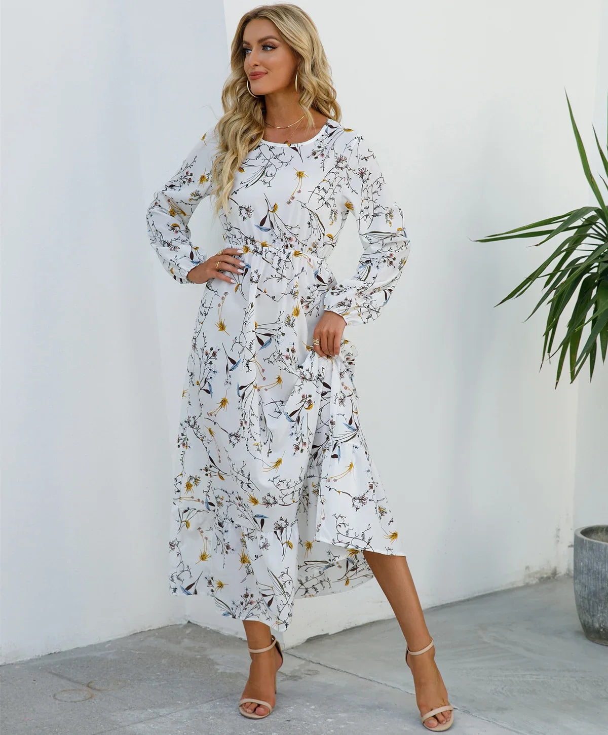 Floral Print Round Neck Long Sleeved Dress For Women Spring Autumn Fashionable Bohemian Big Swing Dress